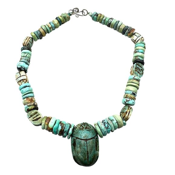 Rare Vintage Carved Blue Green Turquoise Scarb Sterling Silver Necklace 16 Inch - Picture 2 of 4